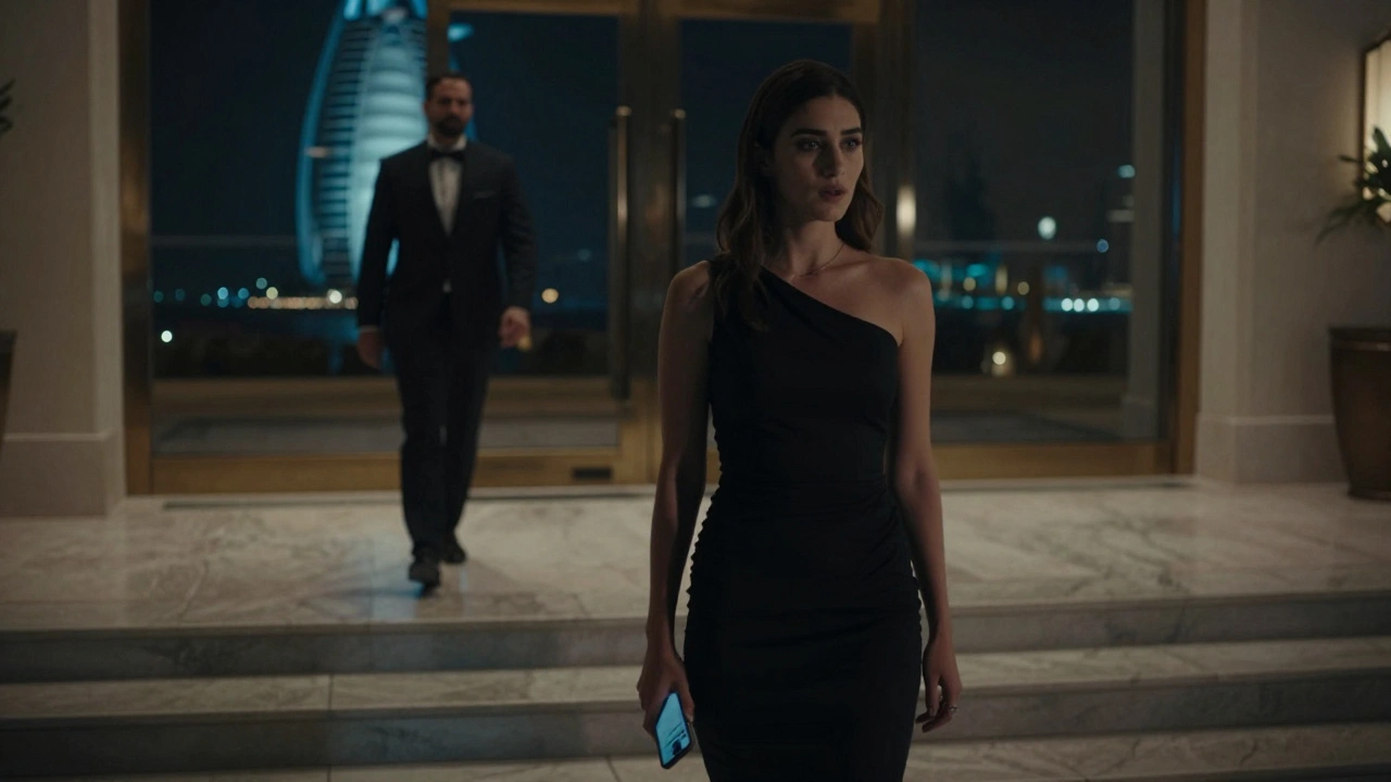 A woman standing nervously outside a luxury hotel at night, smartphone in hand, shadowy figure approaching.