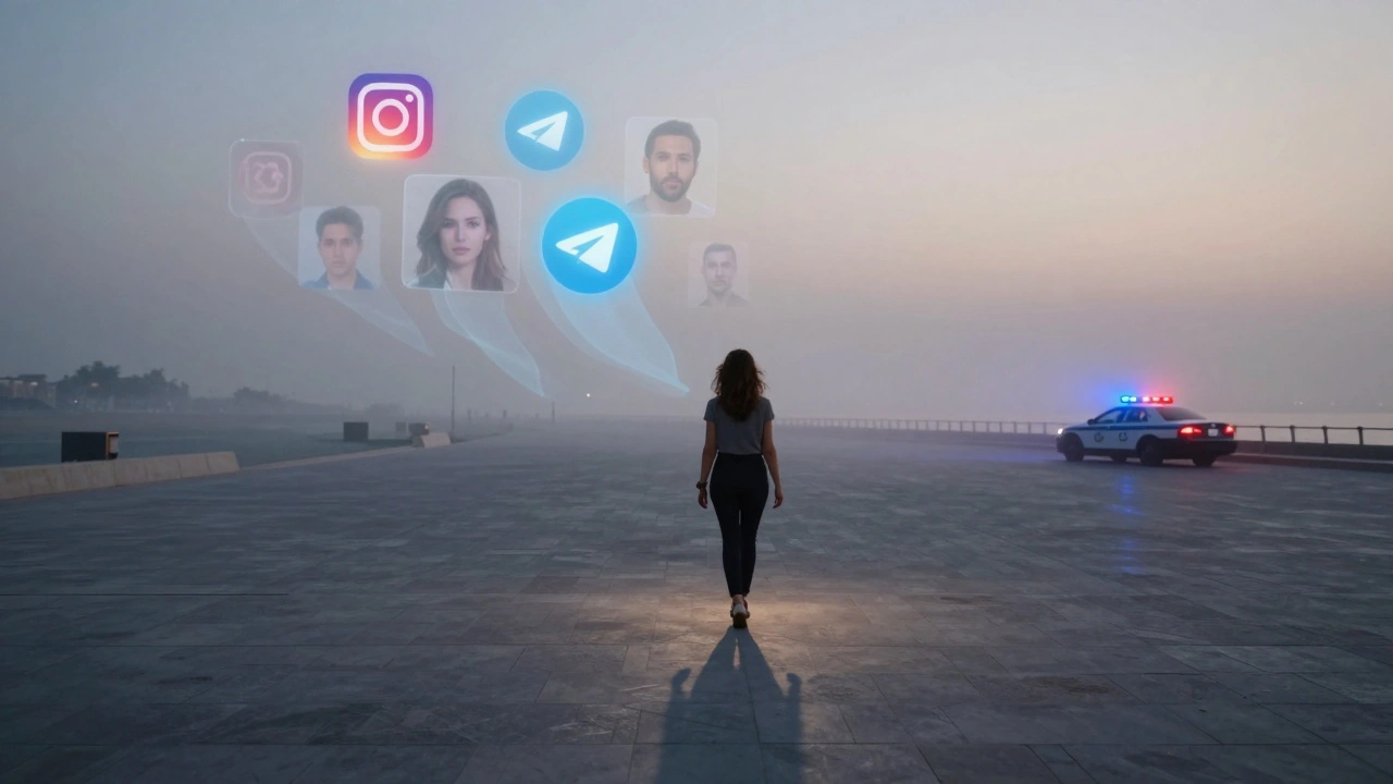 A woman walking alone at dawn in Dubai Marina, digital ghost profiles fading around her as police lights glow in distance.