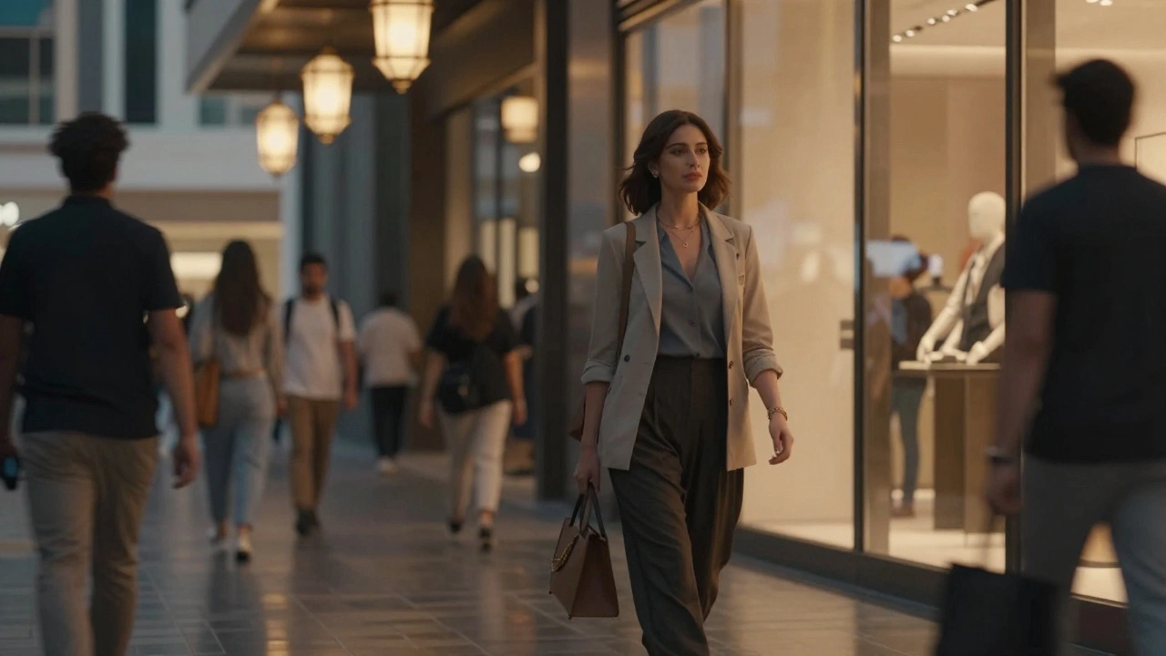 A woman walking through Dubai Mall at dusk, her reflection visible in glass, surrounded by blurred shoppers.