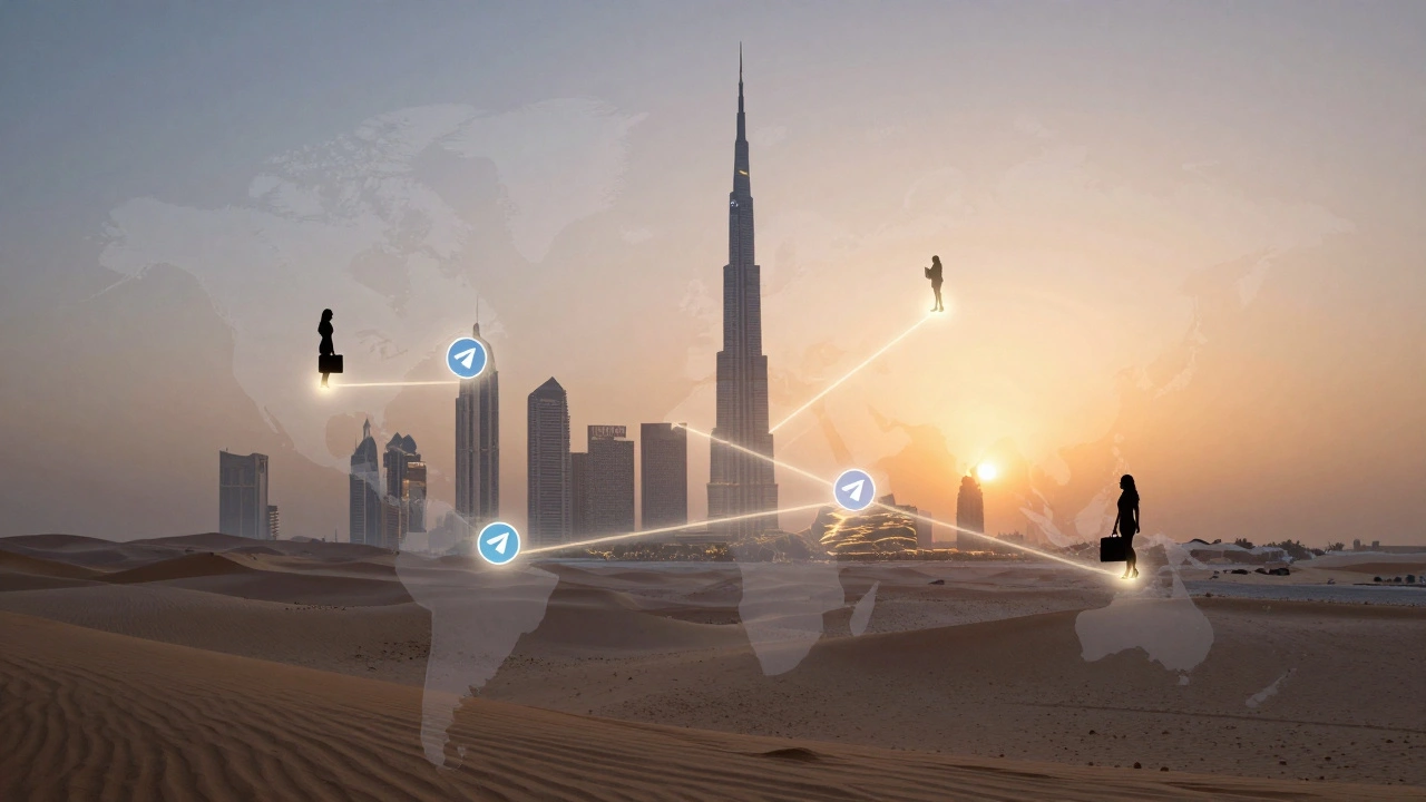 An abstract map of Dubai with glowing connections between luxury locations and hidden digital icons.