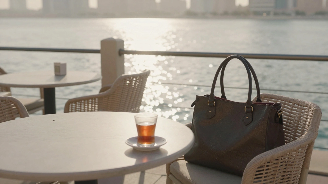 An empty café table at dawn in Dubai Marina with a lone handbag, conveying isolation and unseen stories.