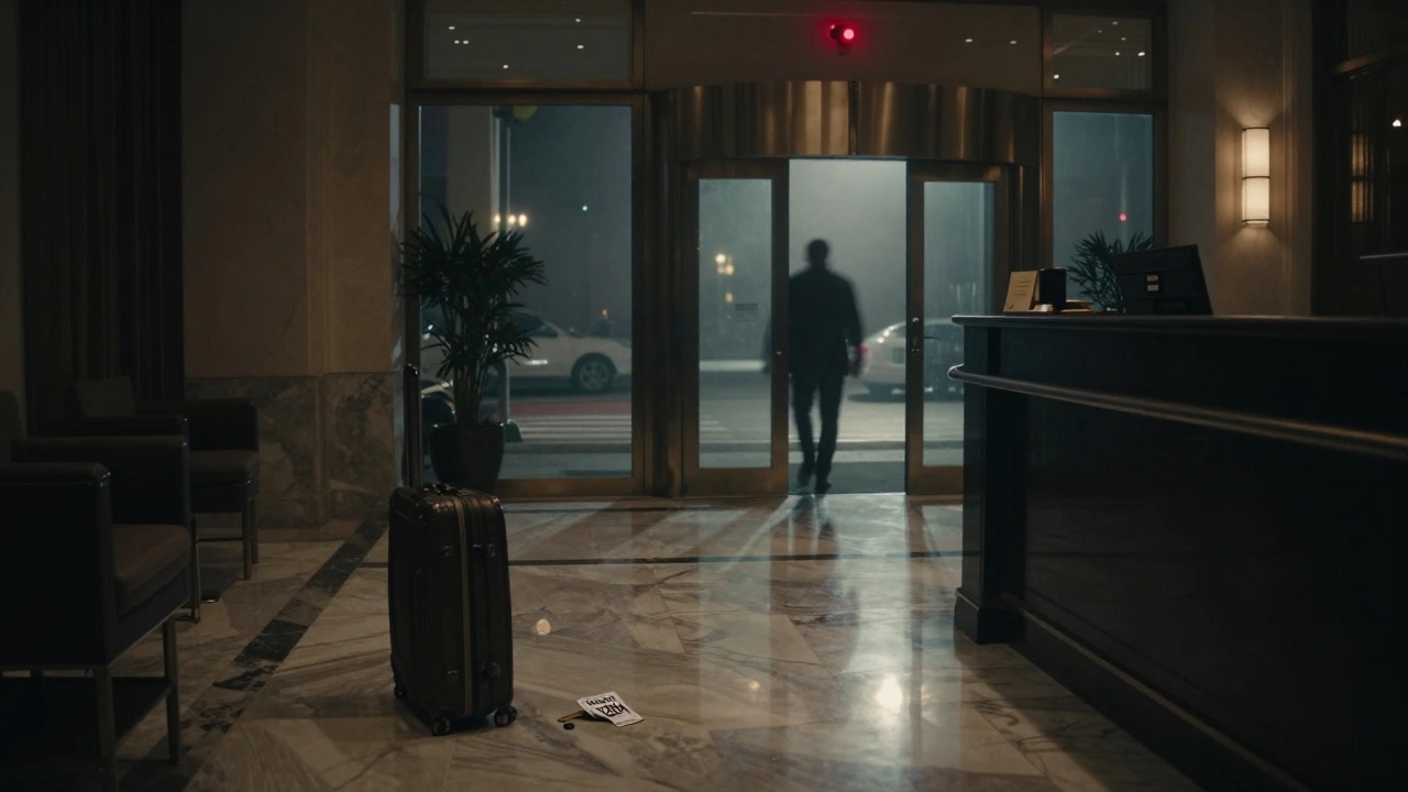 An empty hotel lobby at night, a keycard lies on the floor as a shadowy figure exits into foggy Dubai streets.