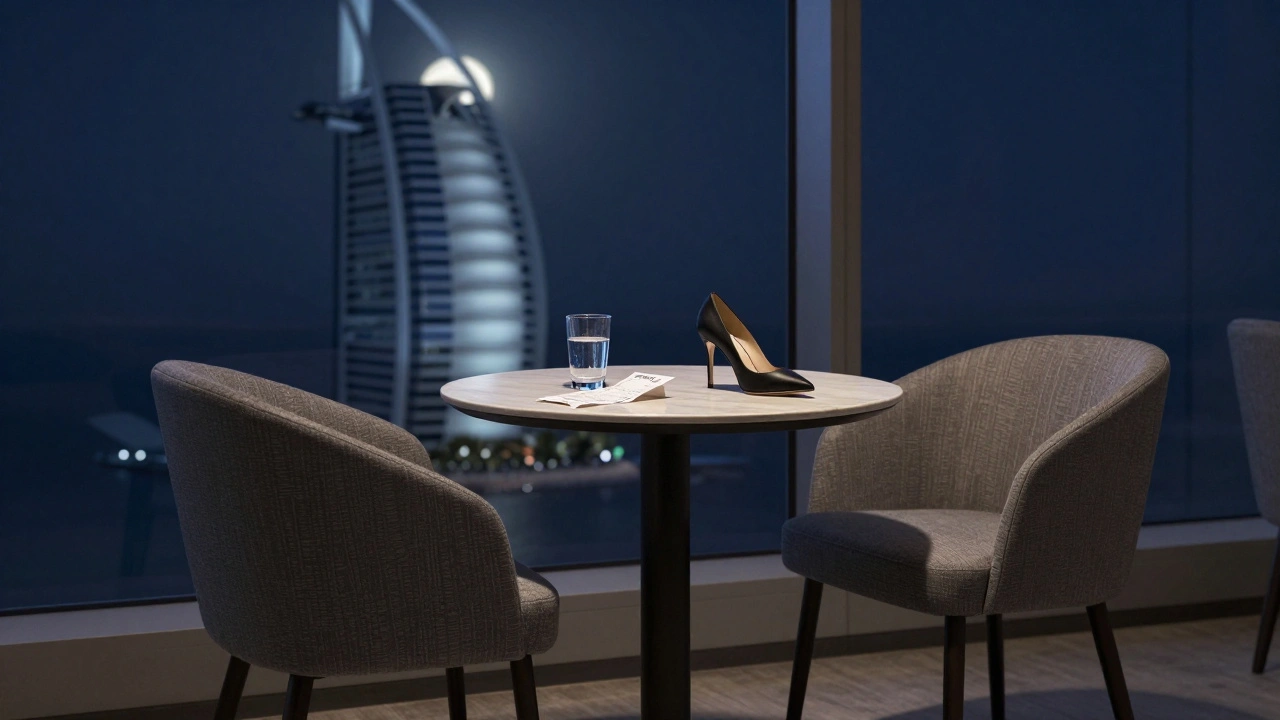 An empty luxury lounge in Jumeirah with a folded receipt and a single high-heeled shoe, suggesting a quiet, respectful encounter.