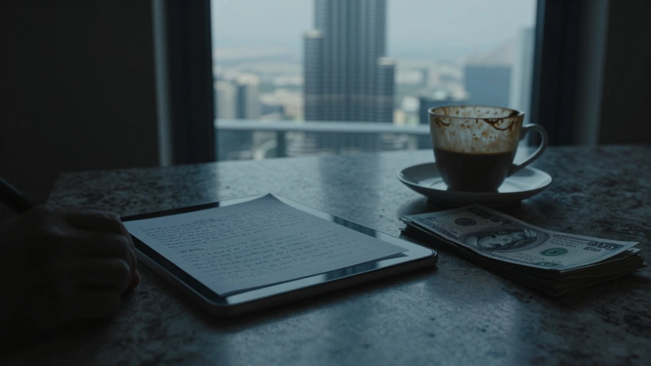 Cash and a smartphone on a marble counter with a view of Burj Khalifa,暗示一个秘密交易的场景。