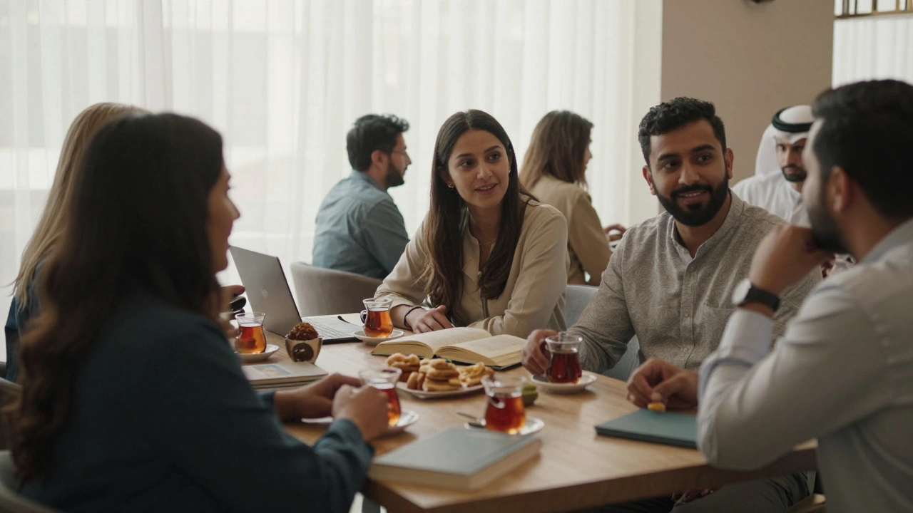 Diverse expats chatting quietly in a Kuwait café, no physical contact, natural daylight, subtle social connection.