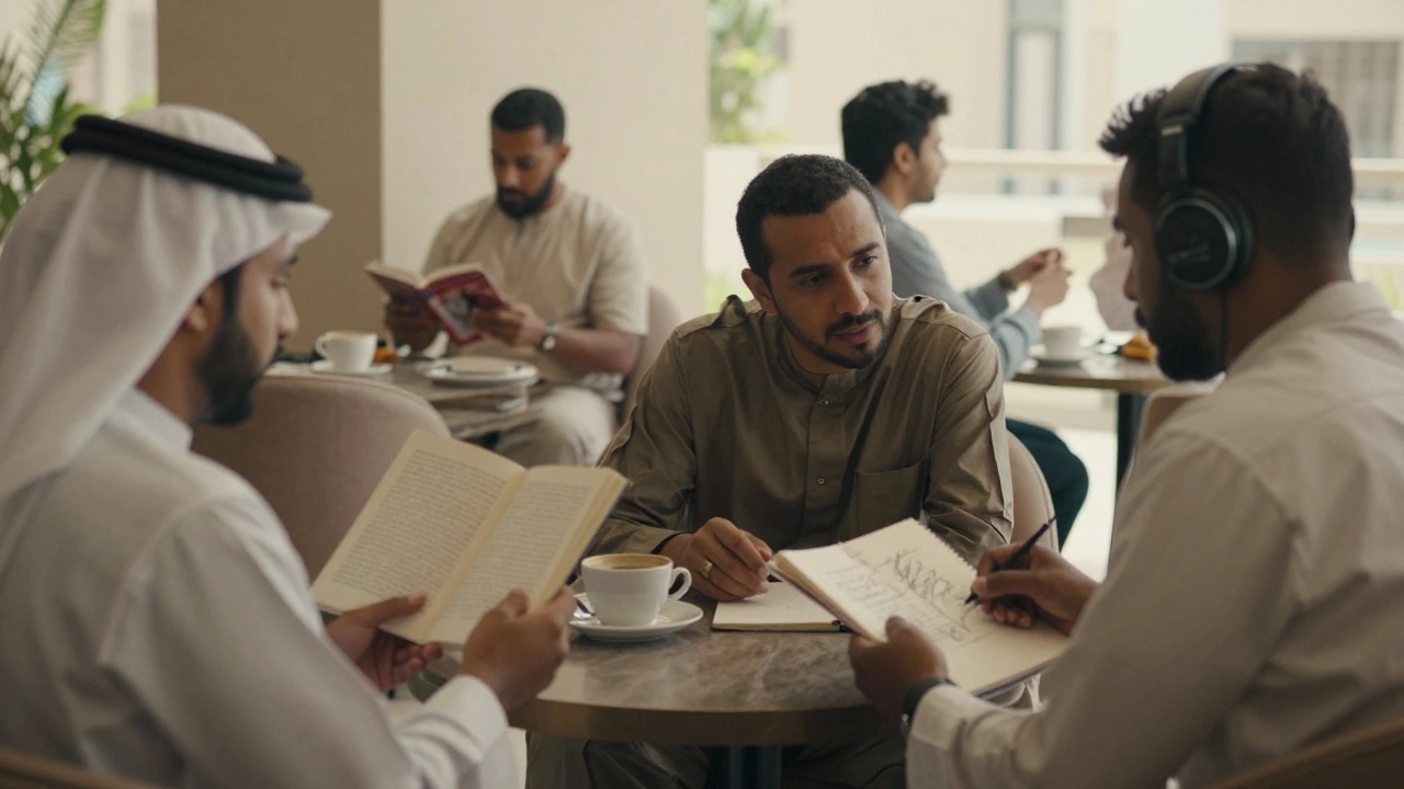 Diverse expats quietly socializing in a peaceful lounge, representing safe, legal community connections.