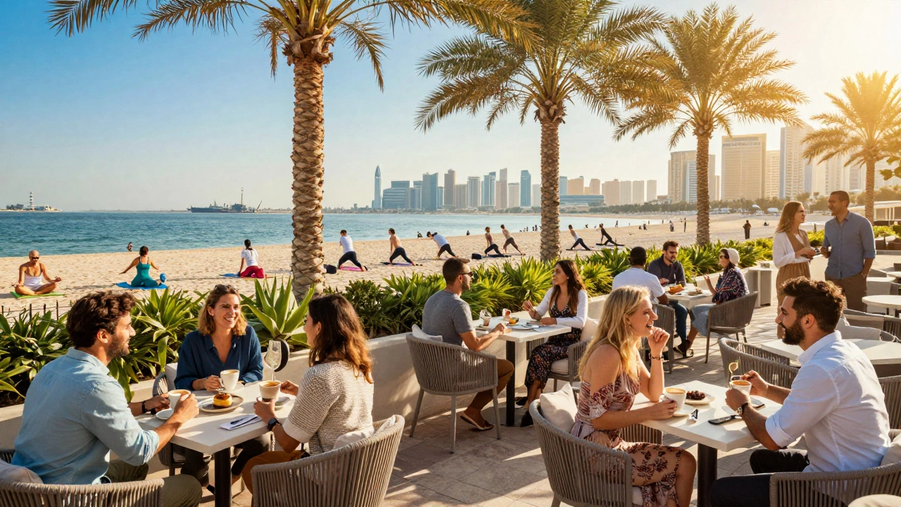 Diverse group socializing at Dubai Marina waterfront cafe, daytime