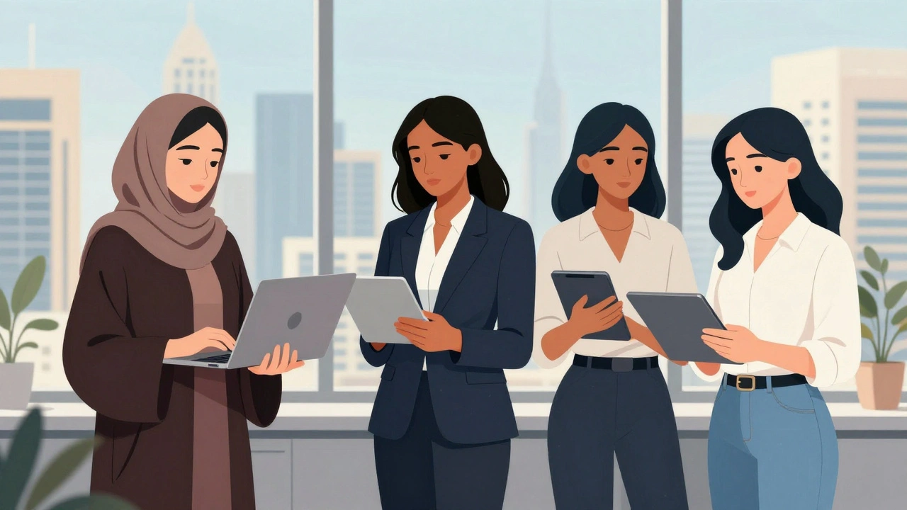 Diverse professional women working together in a Dubai office with city views, focused and empowered.