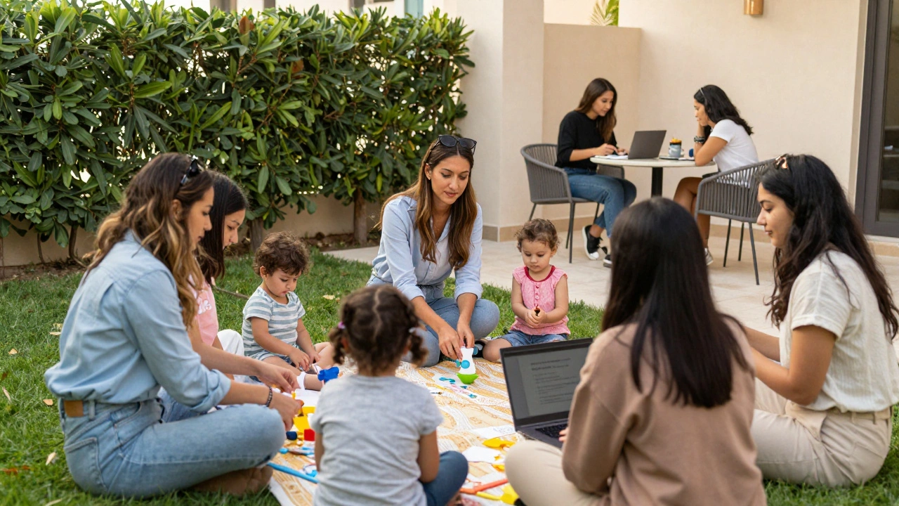 European women building community in Dubai through playgroups, remote work, and volunteering in residential neighborhoods.