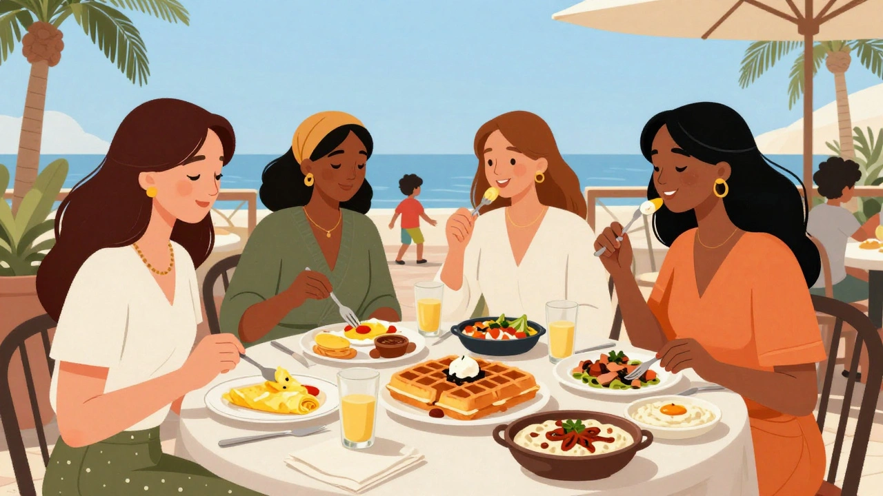 European women enjoying a multicultural brunch at JBR with international dishes and children playing nearby.