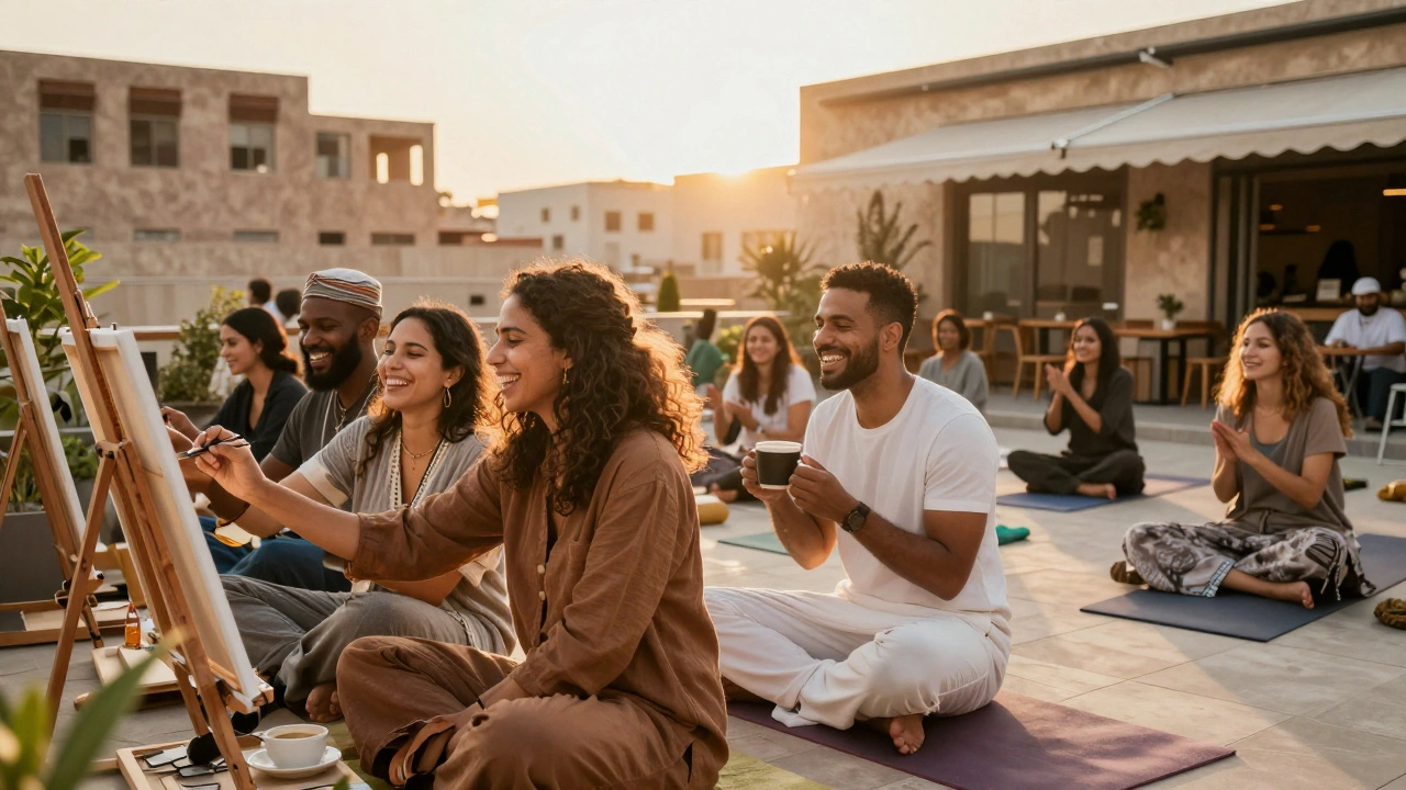 Expats enjoy a safe, vibrant social scene at a Dubai cultural event under golden hour sunlight.