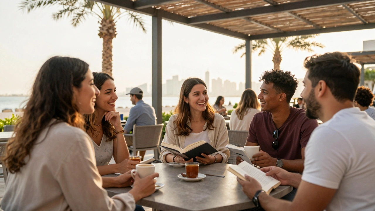 Expats socialize at a daytime meetup in Jumeirah, sharing coffee and books in a peaceful outdoor setting.