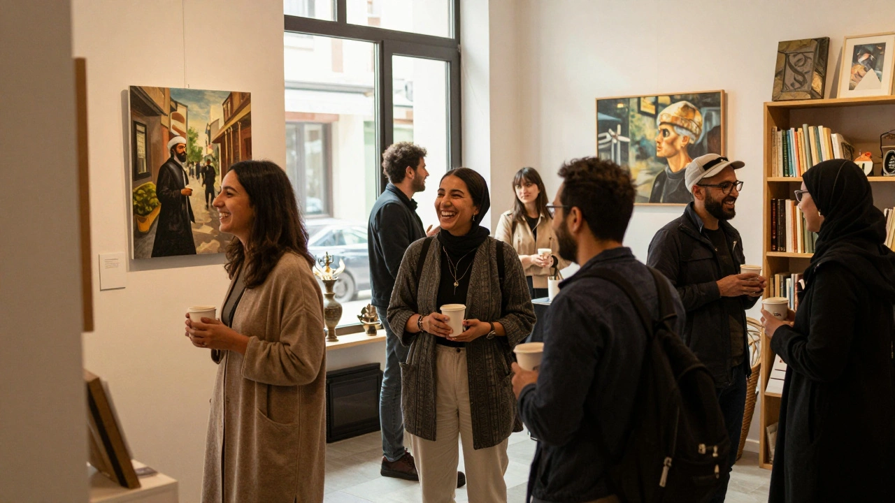 Expats socializing at an art gallery event in Dubai, enjoying conversation and culture.