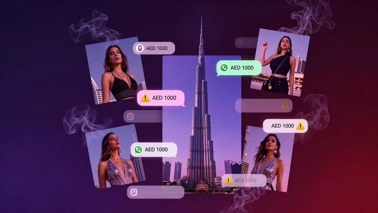 Floating digital screens showing staged escort photos and warning symbols, dissolving into smoke with neon colors.