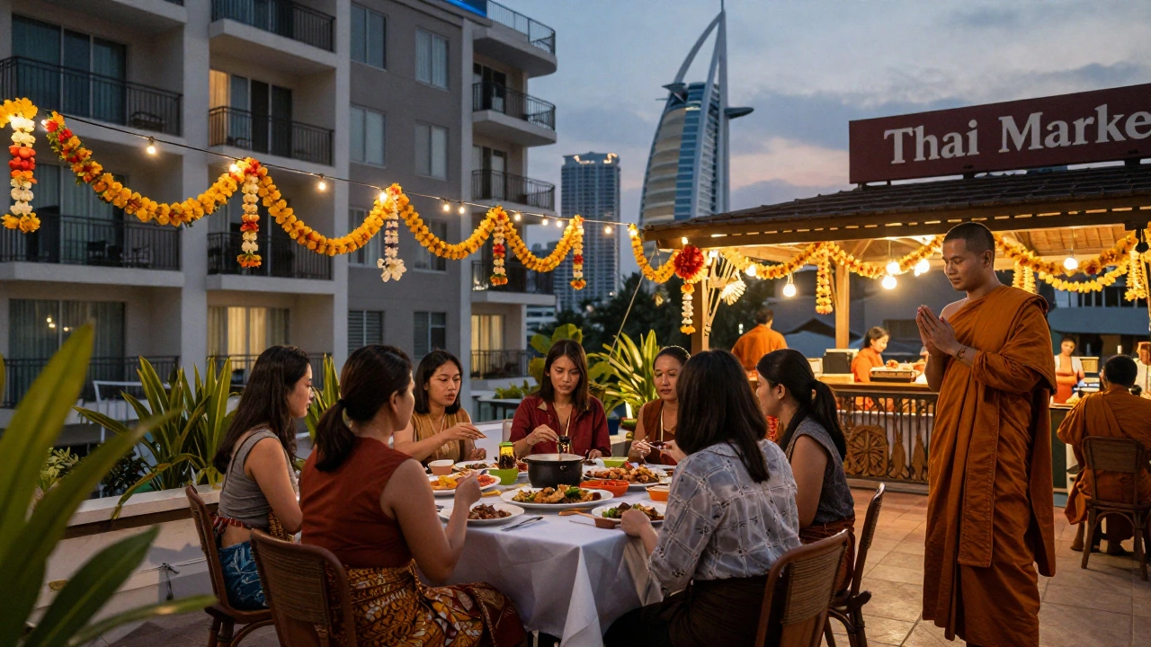 Thai community gathering at dusk in JLT, sharing food and cultural traditions on a rooftop.
