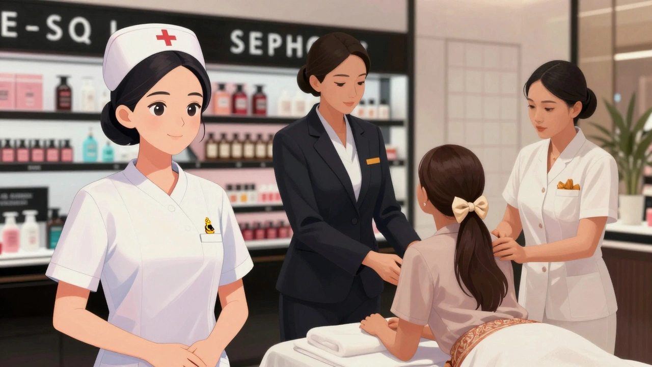 Thai women working professionally in Dubai: a nurse, retail manager, and spa therapist in their workplaces.