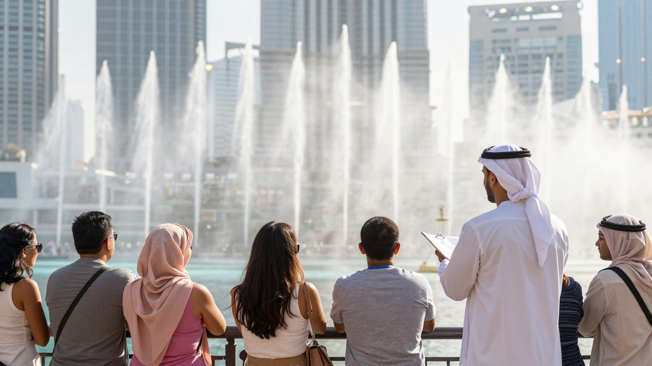 Tourists watching Dubai Fountain show with certified guide.