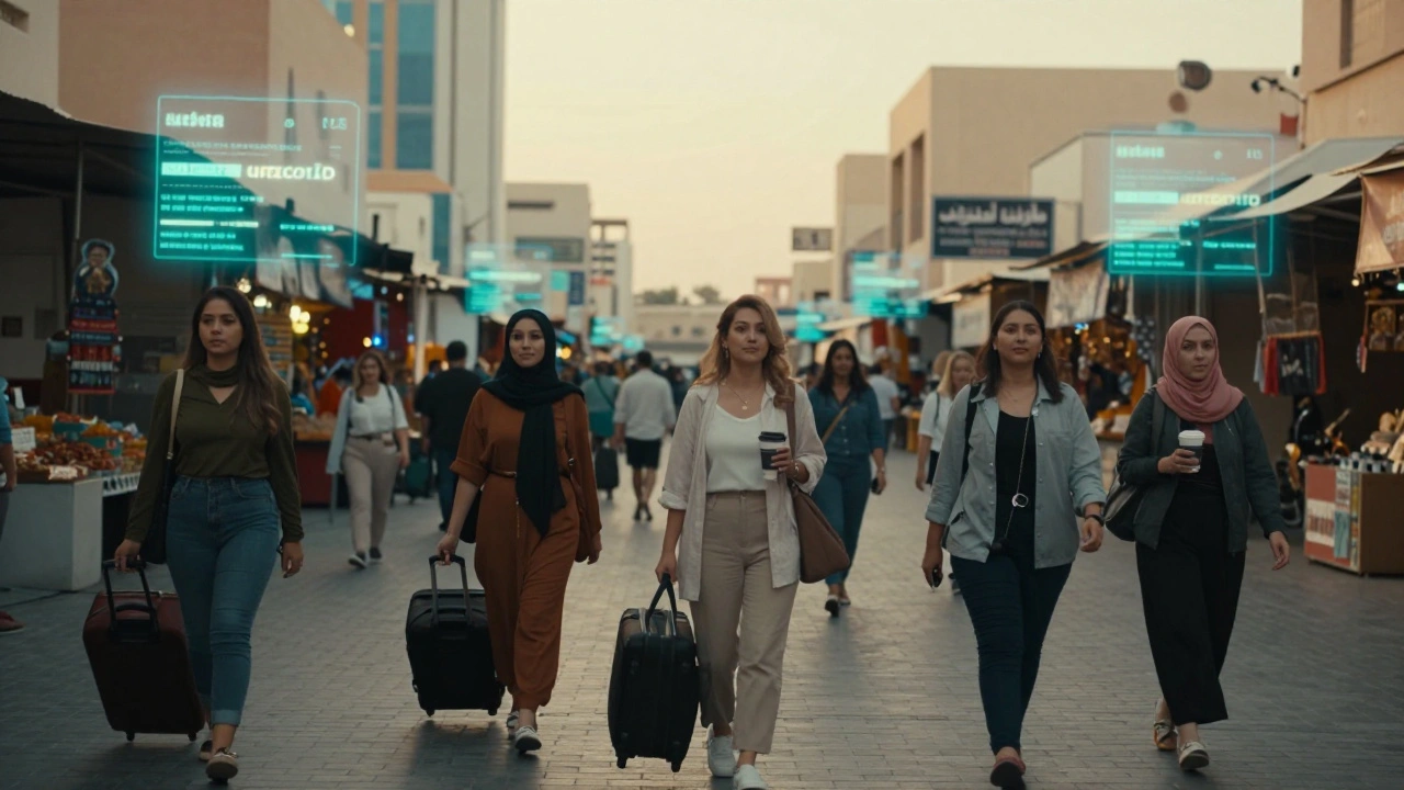 Women from diverse backgrounds walk through Dubai's market, with faint digital escort banners flickering behind them.