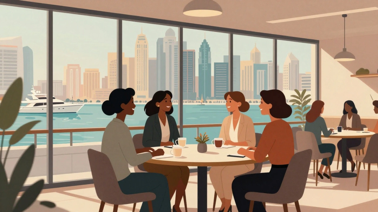Women networking in co-working space overlooking Dubai Marina's yachts.