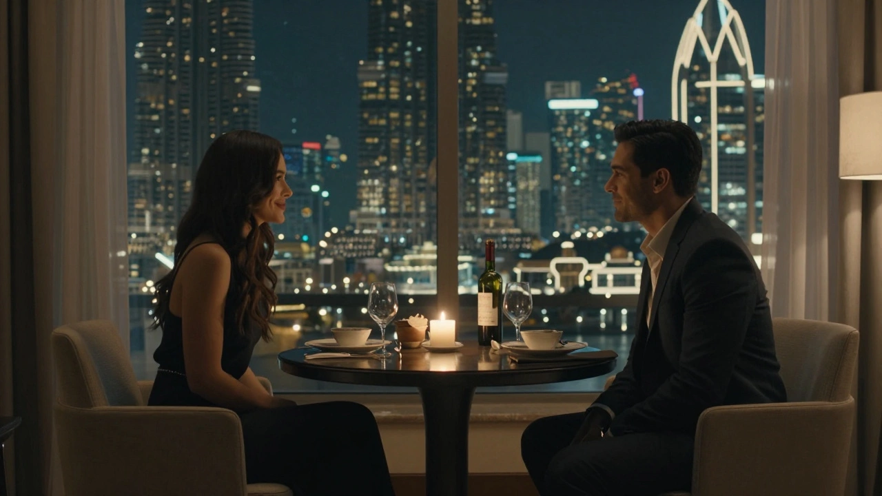 A man and woman having a quiet dinner in a high-end hotel suite, lit by candlelight, emphasizing companionship.