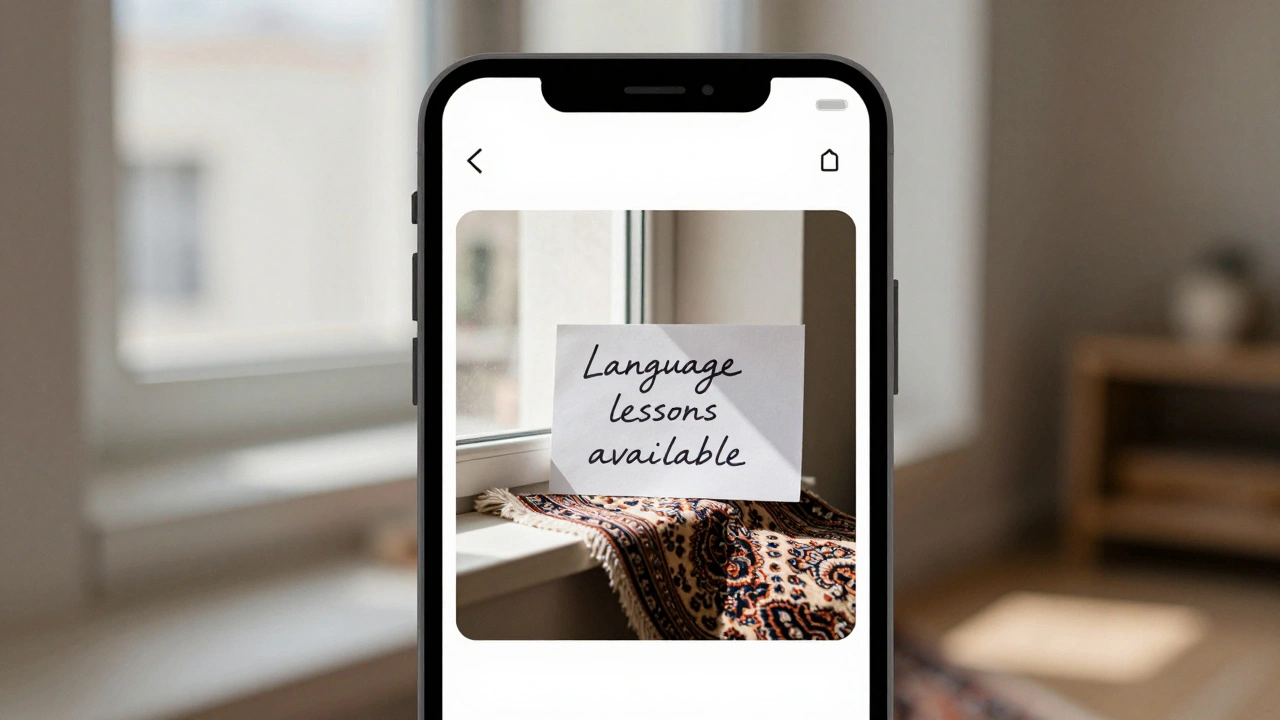 A minimalist Instagram profile showing a Persian rug and handwritten note, no explicit content.