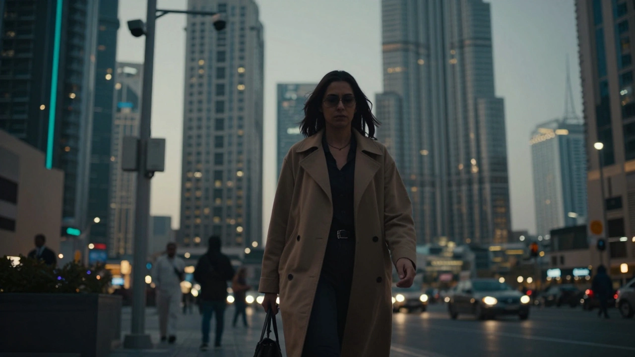 A woman walking alone at dusk in Dubai, surrounded by skyscrapers and security cameras, her face partially hidden.