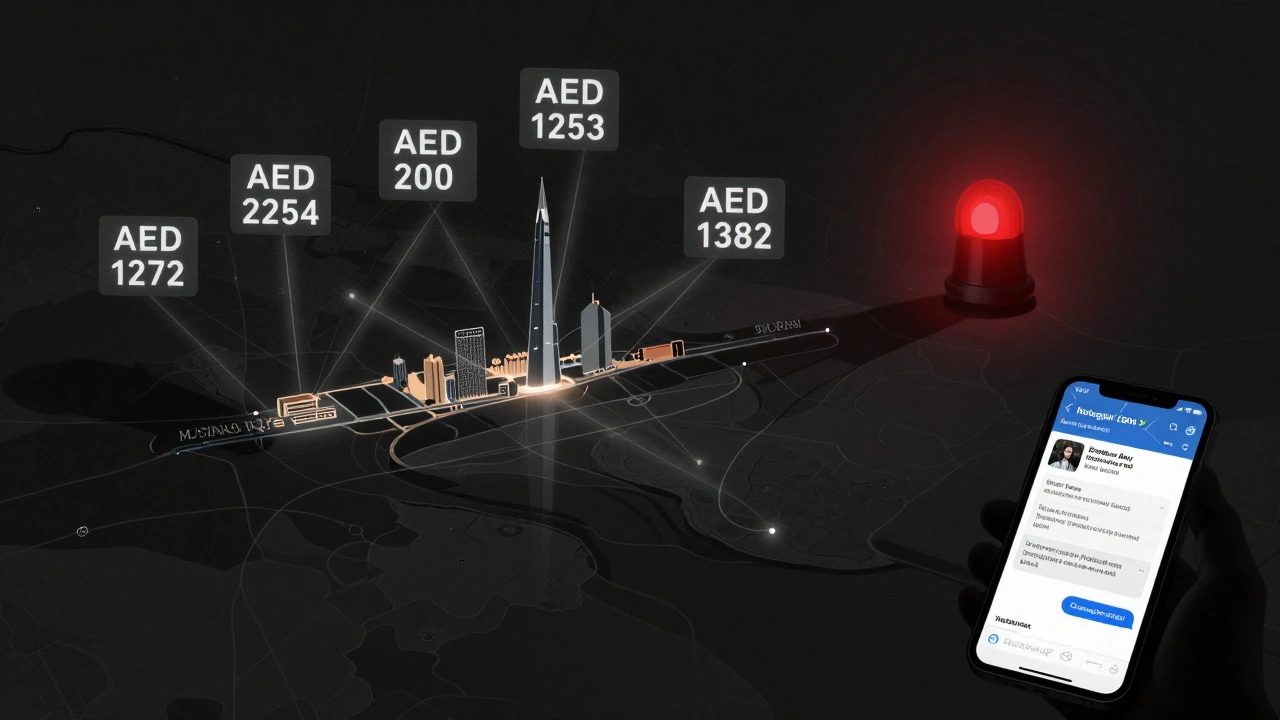 Abstract map of Dubai with floating price tags and a faint police siren, symbolizing cost variations and legal risks.