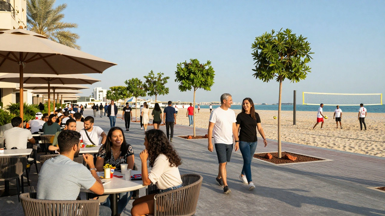 Diverse people enjoying the Ajman Marina at sunset—cafe patrons, walkers, and volunteers—in a safe, vibrant community setting.