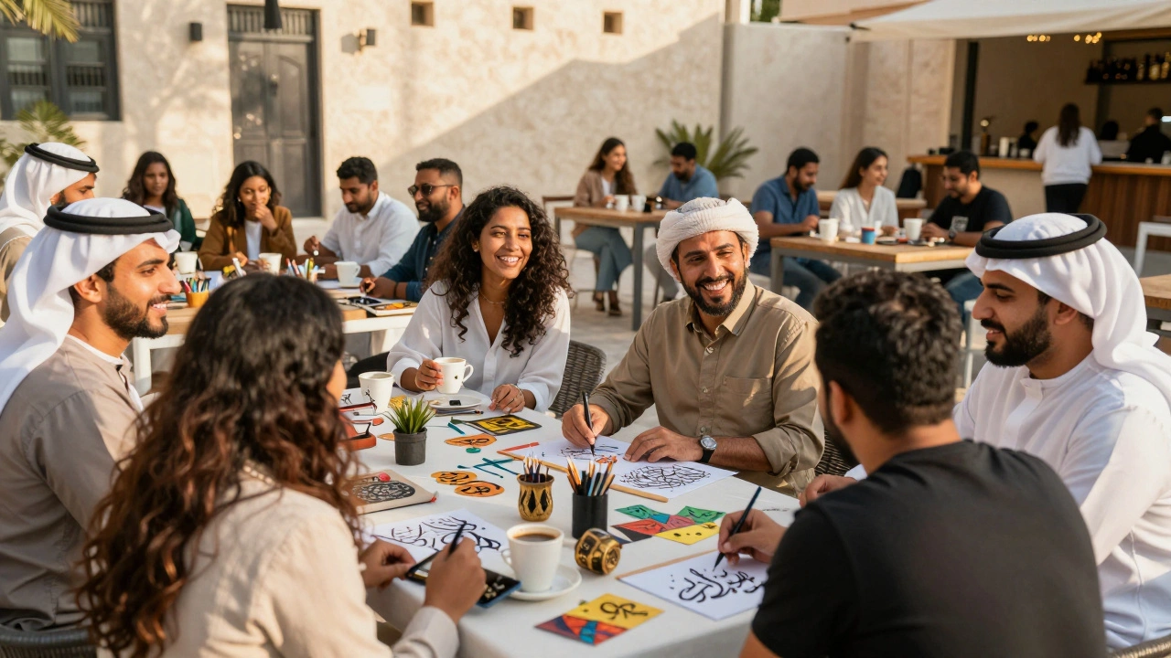 Diverse people socializing at Katara Cultural Village in Doha, enjoying art and coffee under golden sunlight.