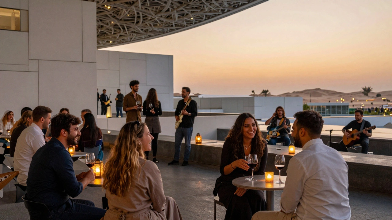 Expats and locals enjoy a lively evening event with music and wine at the Louvre Abu Dhabi under warm lantern lights.