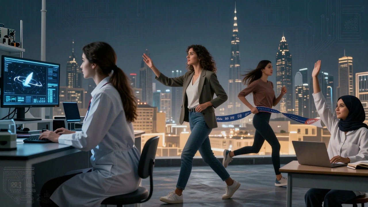 Montage of Dubai women excelling as engineers, entrepreneurs, athletes, and students against the backdrop of the city’s skyline.