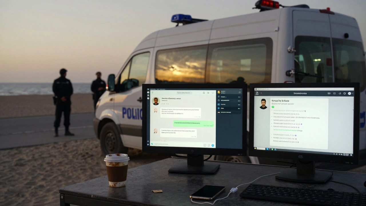 Police surveillance van monitoring social media activity near Al Zorah Beach at dusk, with evidence of a failed meeting nearby.