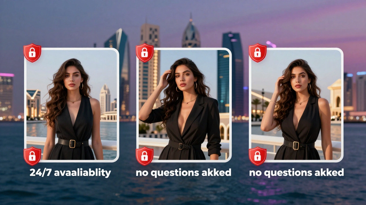 Three fake escort social media profiles with coded messages, set against Doha's luxury landmarks.