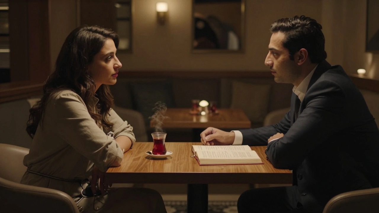 Two people in a private lounge sharing quiet conversation over tea and Persian poetry.