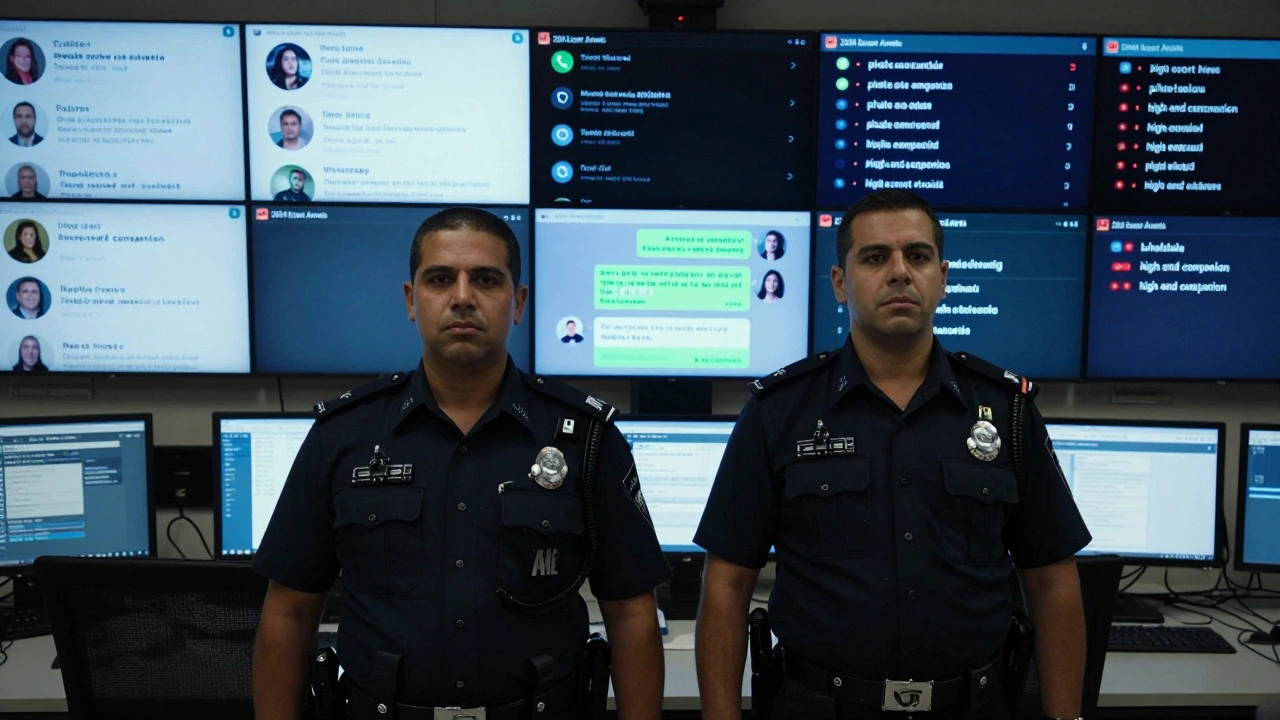UAE police monitor digital activity in a control room filled with screens tracking online escort ads and messages.