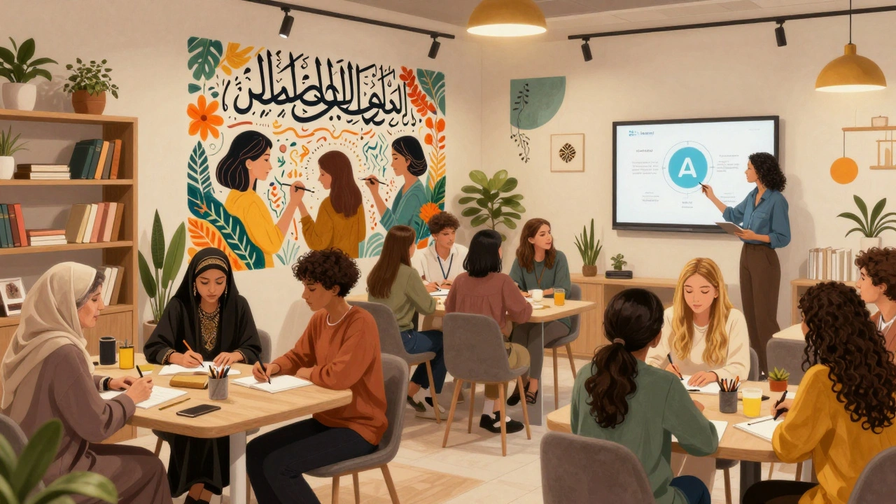 Women of multiple nationalities collaborating in a vibrant community hub in Dubai, teaching, creating, and innovating together.
